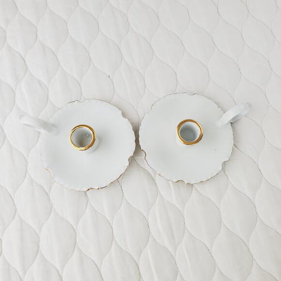 Vintage Candle Stick Holder Set White Porcelain Handled 2 PC Set Gold Trim MCM - Picture 4 of 12